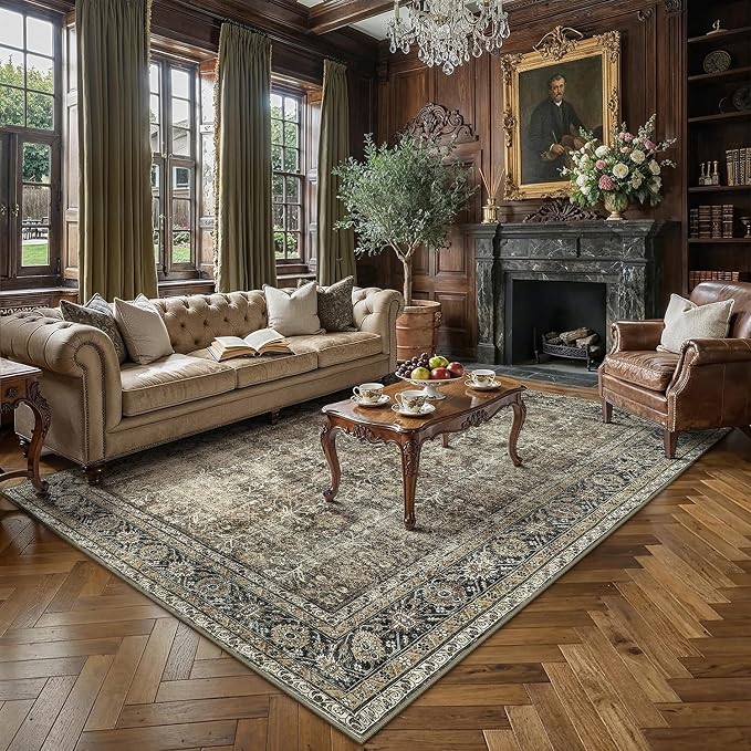 PureCozy Vintage Area Rug 8x10 Brown Soft Washable Living Room Large Carpet Non - Image 2