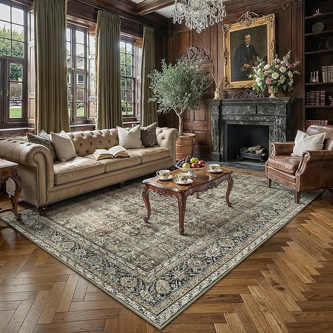 PureCozy Vintage Area Rug 6x9 Brown Soft Washable Living Room Large Carpet Non - Image 2