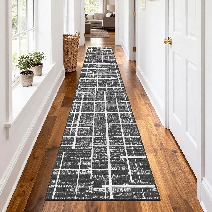 Non Slip Hallway Runner Rug 2.6x12, Modern Distressed Stripe, Washable Extra by TTelephant