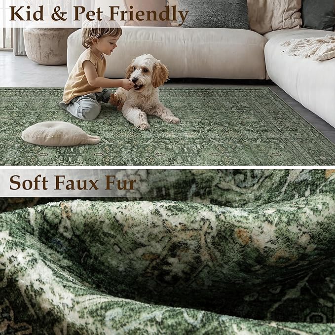 PureCozy Area Rug 5x7 Green Washable Living Room Carpet Soft Non Slip Vintage - Image 4