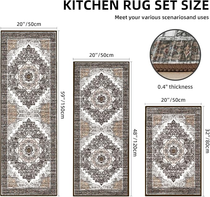 Tritard 100% Non Slip Kitchen Rugs Sets of 3 Washable Boho Kitchen Mats - Image 2