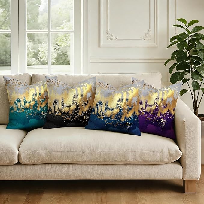Navy Blue and Gold Pillow Covers 18 x 18 inch Set of 2 Decorative Cushion - Image 5