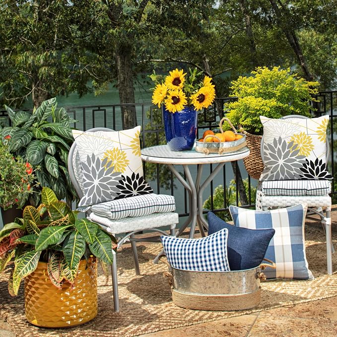 Grey and Yellow black Floral Pillow Covers 16x16 Set of 2 Outdoor Waterproof - Image 6