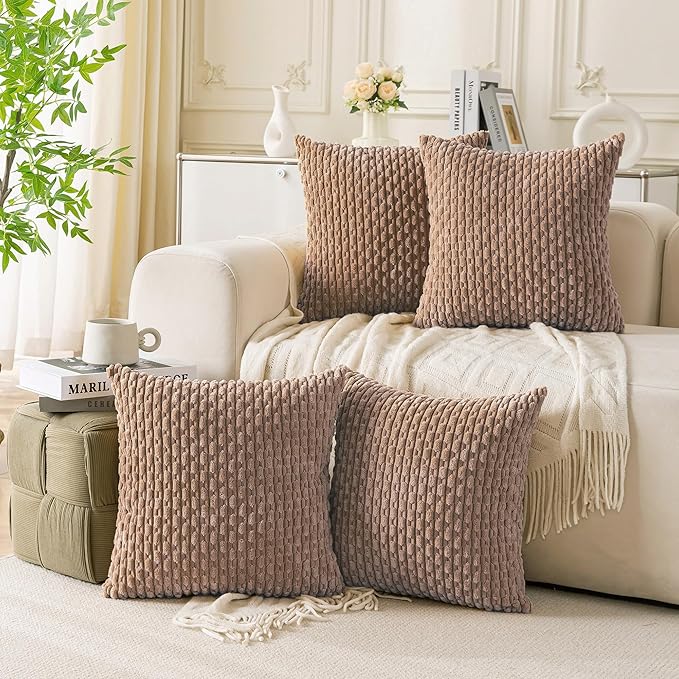 Set of 4 Light Brown Decorative Throw Pillow Covers 16x16 Inch Corduroy Pillow by Cozoomy