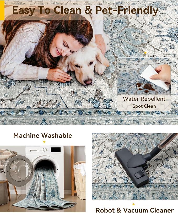 Area Rugs 10'x12' Washable Non-Slip, Floral Vintage Distress Print Pattern - Image 5