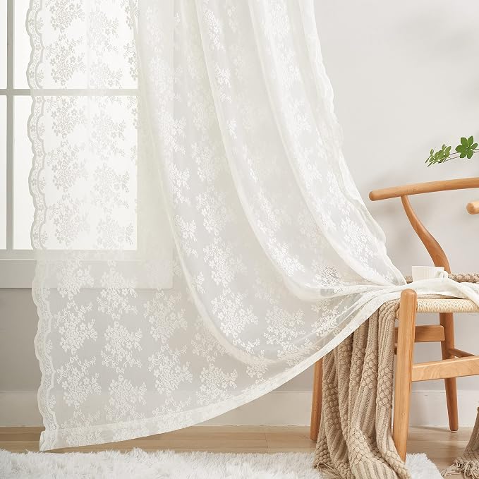 YJ YANJUN Vintage Lace Curtains 84 Inches Long-Victorian Floral Pattern Ivory - Image 3