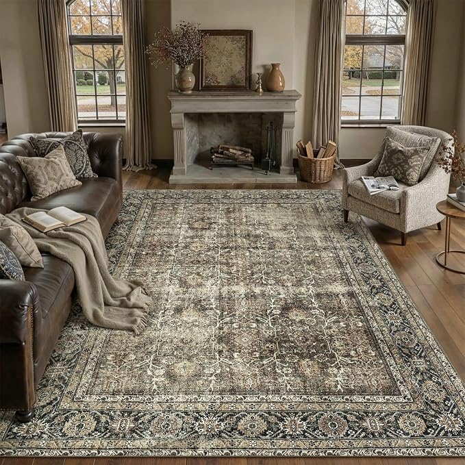 PureCozy Vintage Area Rug 6x9 Brown Washable Living Room Large Carpet Non Slip - Image 2