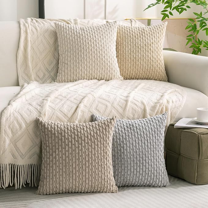 Set of 4 Neutral Decorative Throw Pillow Covers 26x26 Inch Corduroy Pillow - Image 2