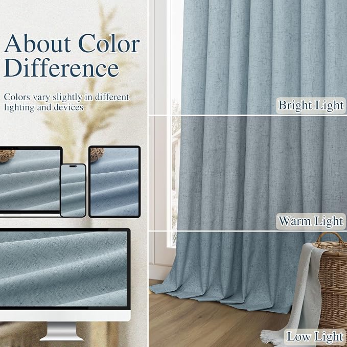 Guken Blue 100% Blackout Linen Curtains 120 Inch Length 2 Panels Set - Image 7