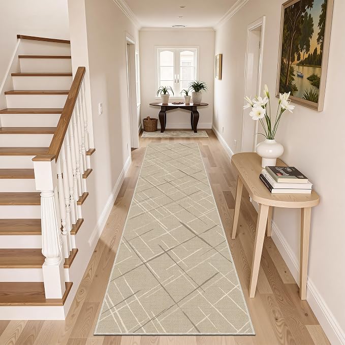 Beige Runner Rug Ultra Non-Slip 2x10 Long Hallway Rugs Washable Modern Tear and - Image 2