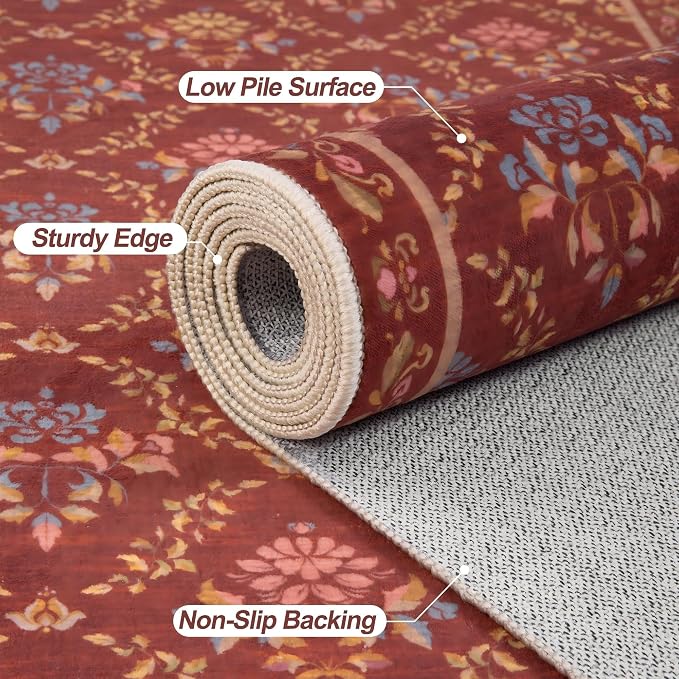 Tangsoo 5x7 Washable Area Rug, Non Slip Red Floral Indoor Rug, Soft Low Pile - Image 5