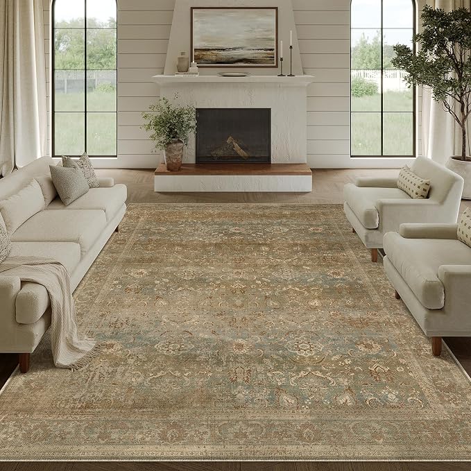 PureCozy Vintage Area Rug 8x10 Washable Brown Living Room Carpet Large Indoor by PureCozy