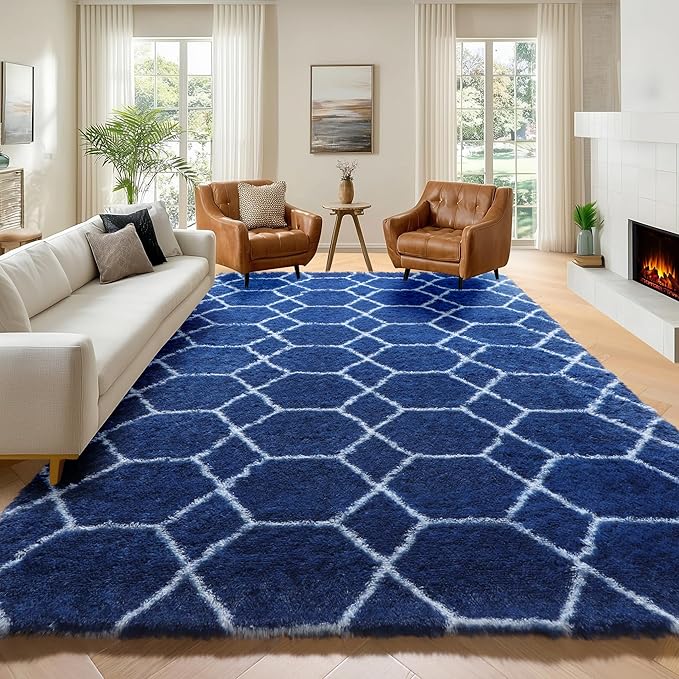 ONASAR Geometric Area Rugs 5x8 for Living Room, Fluffy Moroccan Navy and White - Image 4