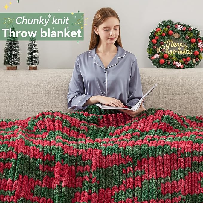 Negwoo Chunky Knit Throw Blanket, Handmade Stripe Crochet Big Thick Blanket - Image 6