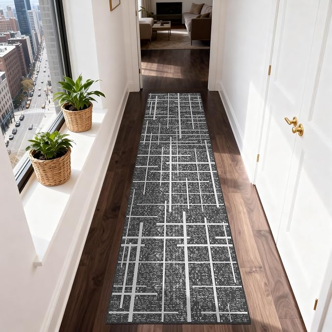 Non Slip Hallway Runner Rug 2x8, Modern Distressed Stripe, Washable Long Rug - Image 3