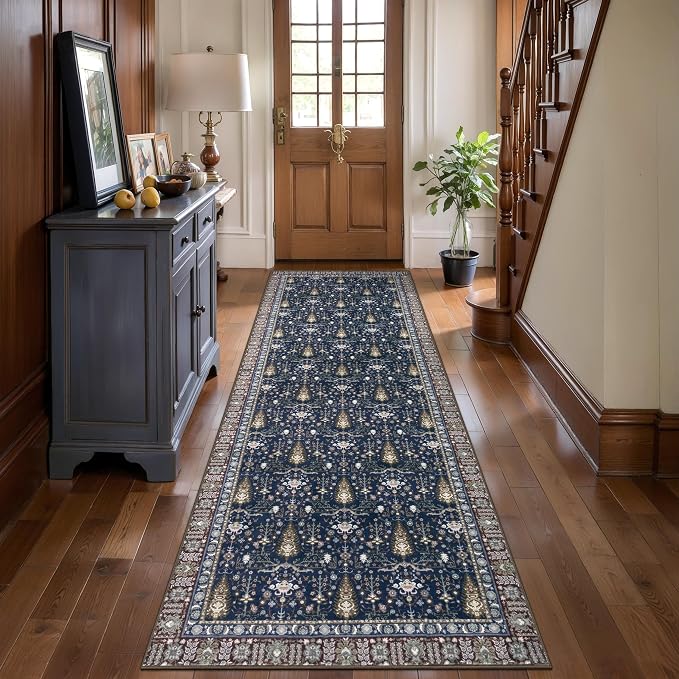 Tangsoo Washable Runner Rug for Hallway Non Slip, 2.6x8 Blue Rug Floral Vintage by Tangsoo