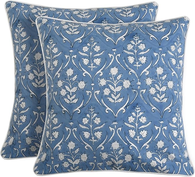 Ridhi Block Print Cornflower Blue Pillow Cover 16" x 16" Decorative Couch by Ridhi