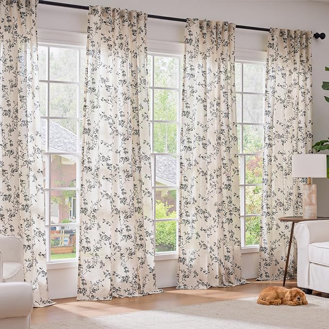 Lazzzy Farmhouse Linen Curtains Extra Long Black Floral Curtains 108 Inch - Image 3