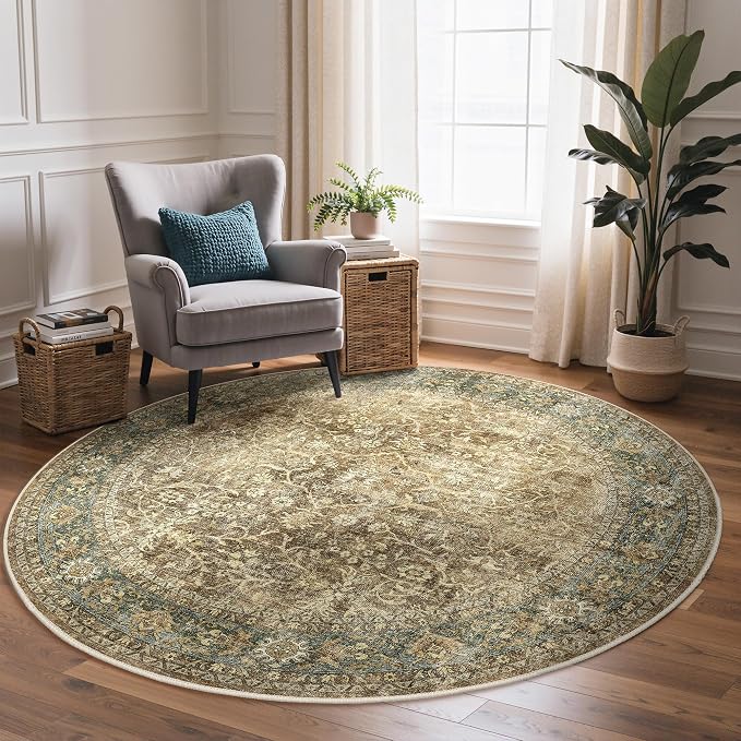 Bavni Round Rug 5ft-Machine Washable Area Rugs Non-Slip by BAVNI