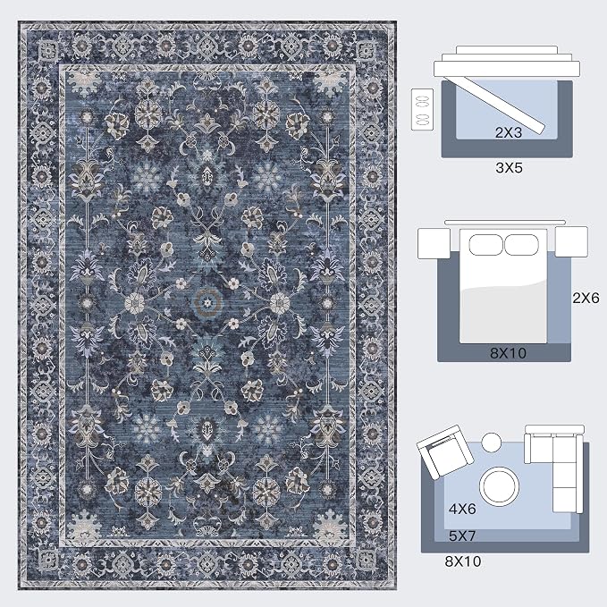 Tangsoo Washable Area Rugs 3x6 Non Slip, Boho Distressed Vintage Blue Floral - Image 2