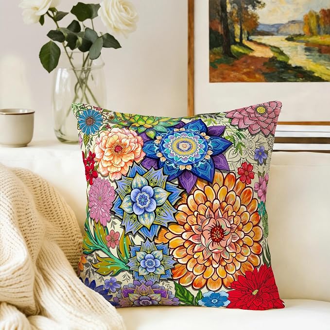 Colorful Boho Mandala Floral Throw Pillow Covers 18x18 Set of 2, Spring Easter - Image 4