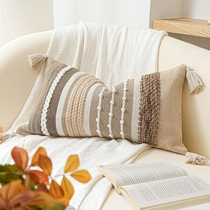 BlissBlush Decorative Lumbar Throw Pillow Cover 14x24 Boho Brown Accent Cushion by BlissBlush