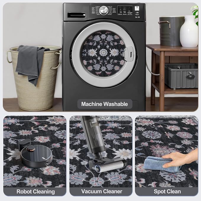 Tangsoo Floral Area Rug 6x9 Machine Washable Rug Non-Slip Vintage Distressed - Image 5