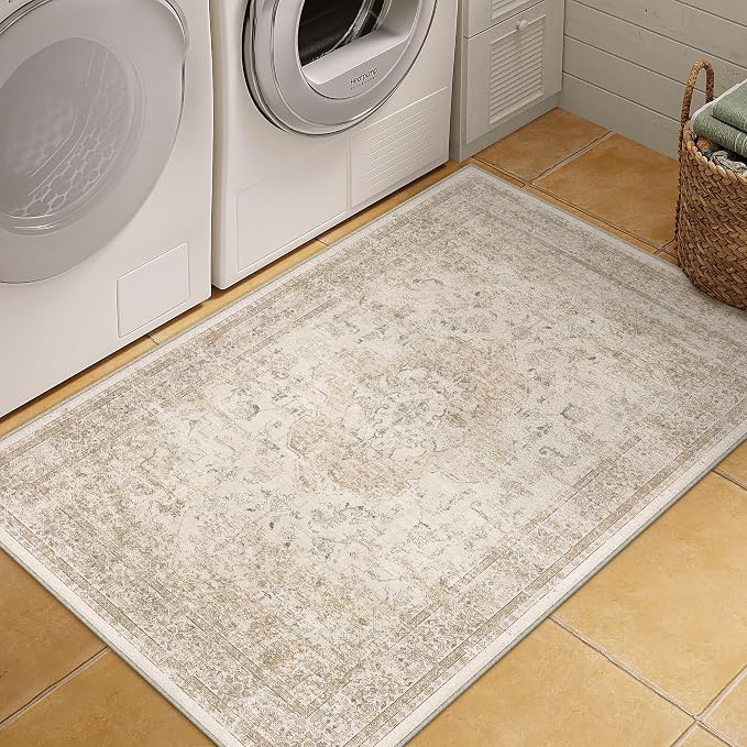 PureCozy 4x6 Washable Area Rug Beige Vintage Distressed Rug - Image 3