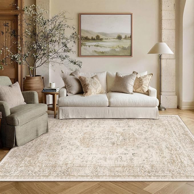 PureCozy 6x9 Washable Area Rug Beige Vintage Distressed Large Rug - Image 2