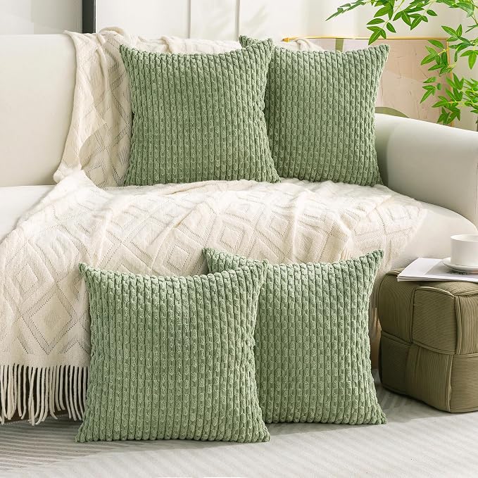 Set of 4 Sage Green Decorative Throw Pillow Covers 16x16 Inch Corduroy Pillow - Image 2