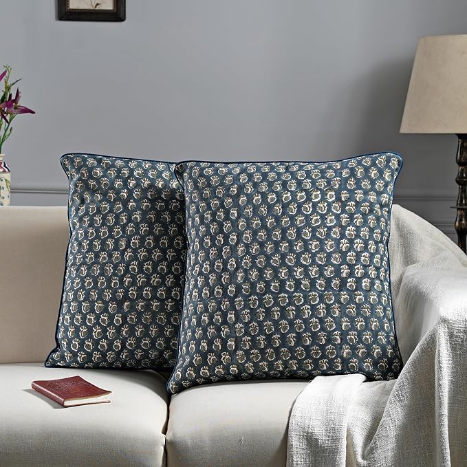 Ridhi Block Print Peacock Blue Pillow Cover 24" x 24" Decorative Couch Pillows - Image 2