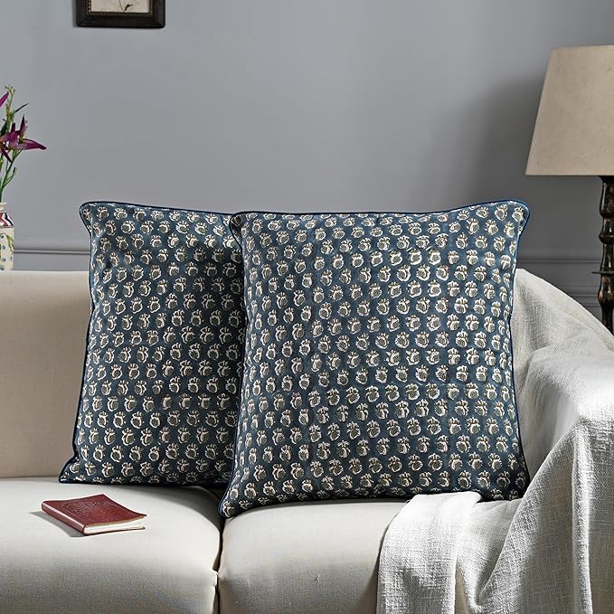 Ridhi Block Print Peacock Blue Pillow Cover 20" x 20" Decorative Couch Pillows - Image 2