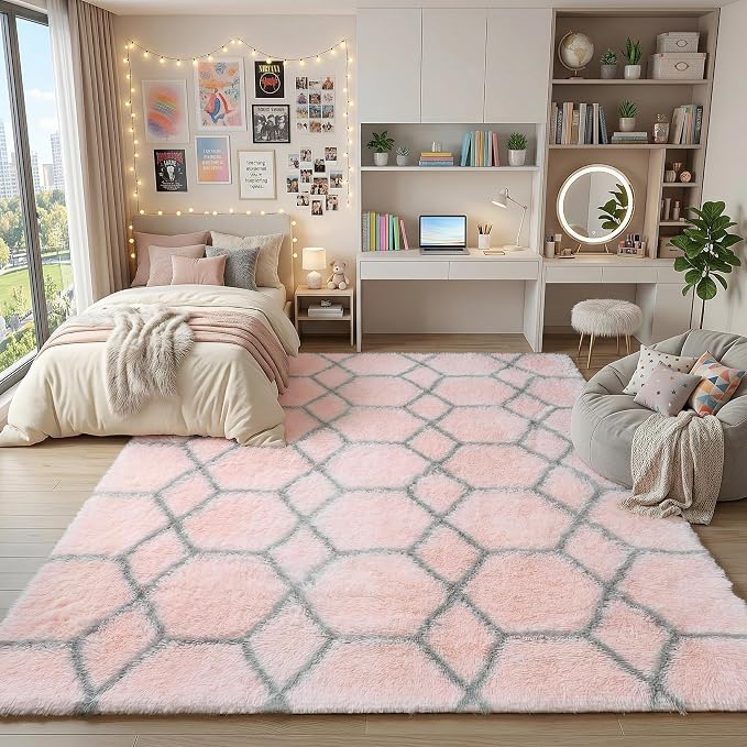 ONASAR Area Rugs for Bedroom Living Room, 4x6 Fluffy Pink and Grey Throw Rug - Image 3
