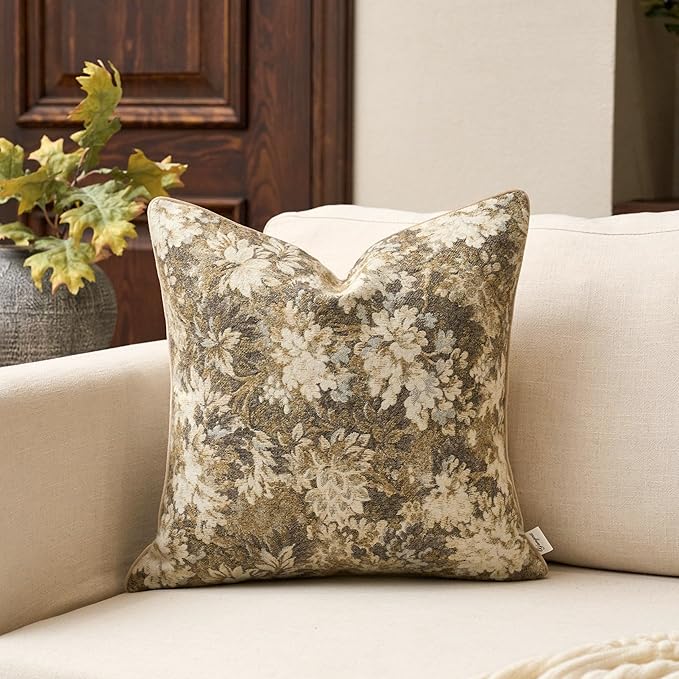 Yangest Neutral Floral Pillow Cover 18 x18 Inches, Vintage Chenille Square by Yangest
