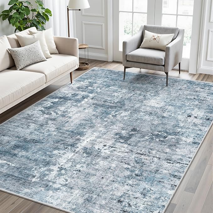 5x8 Area Rugs Blue/Grey Low Pile Indoor Washable Trendy Faded Style Rugs - Image 2