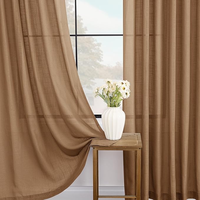 Brown Curtains for Living Room Back Tab Modern Farmhouse Semi Sheer Curtains - Image 4