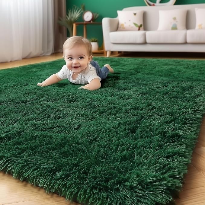 Amdrebio Dark Green Area Rugs for Bedroom Aesthetic, Fluffy Rug for Living Room - Image 7