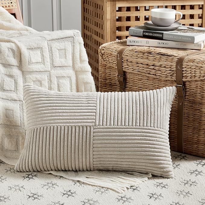 Fancy Homi 2 Packs Neutral Taupe Lumbar Decorative Throw Pillow Covers 14x24 - Image 2