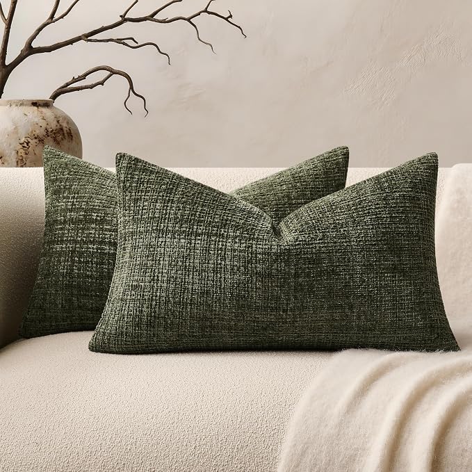 ZeeMart Fine-Textured Lumbar Throw Pillow Covers Set of 2, 12x20 Inch Olive by ZEEMARTONLINE