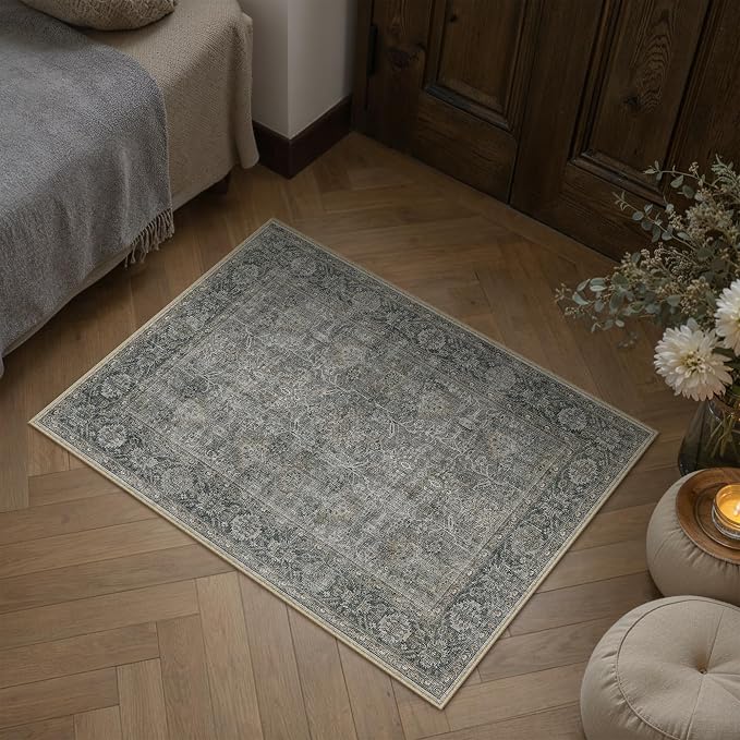 PureCozy Grey Brown Entryway Rug 2x3 Vintage Area Carpet Indoor Kitchen - Image 2