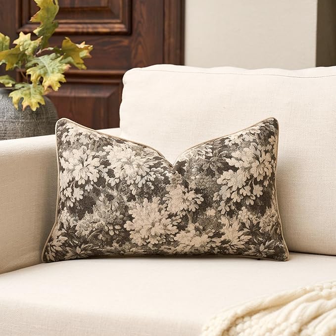 Yangest Neutral Floral Pillow Cover 12 x 20 Inches, Vintage Chenille Rectangle by Yangest