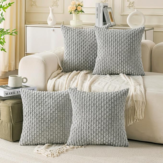 Set of 4 Grey Decorative Throw Pillow Covers 16x16 Inch Corduroy Pillow Covers by Cozoomy