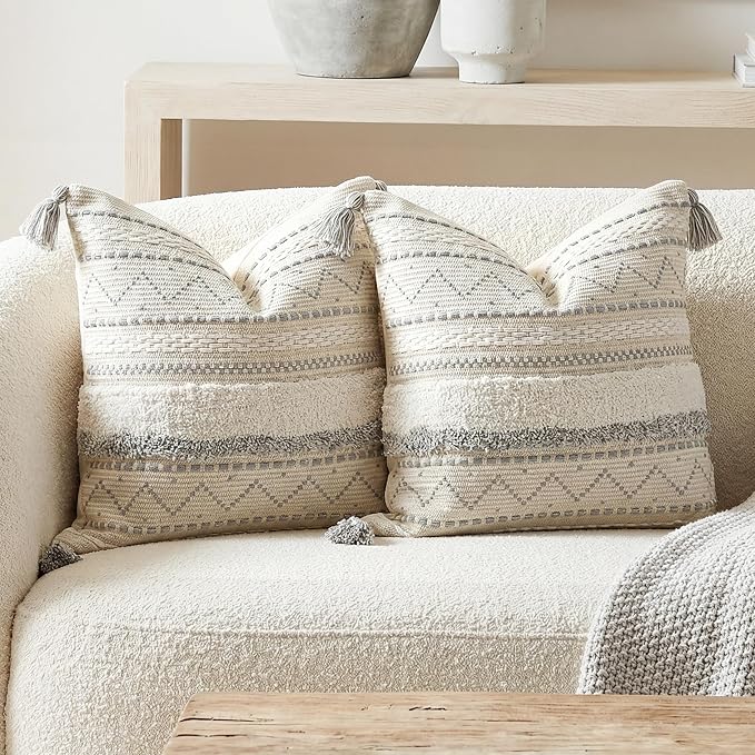 BlissBlush Gray Decorative Throw Pillow Covers 20x20 Combo Set of 2 Square Boho by BlissBlush