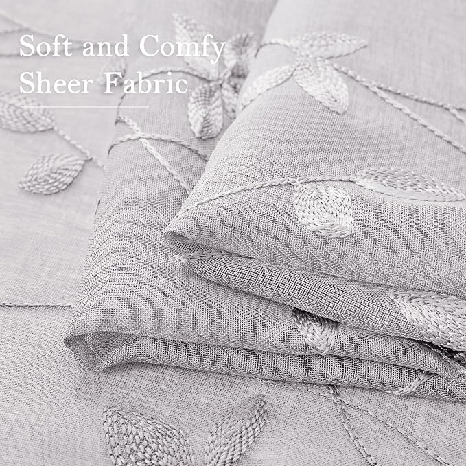 HOMEIDEAS Light Grey Sheer Curtains 52 X 63 Inches Length 2 Panels Embroidered - Image 5
