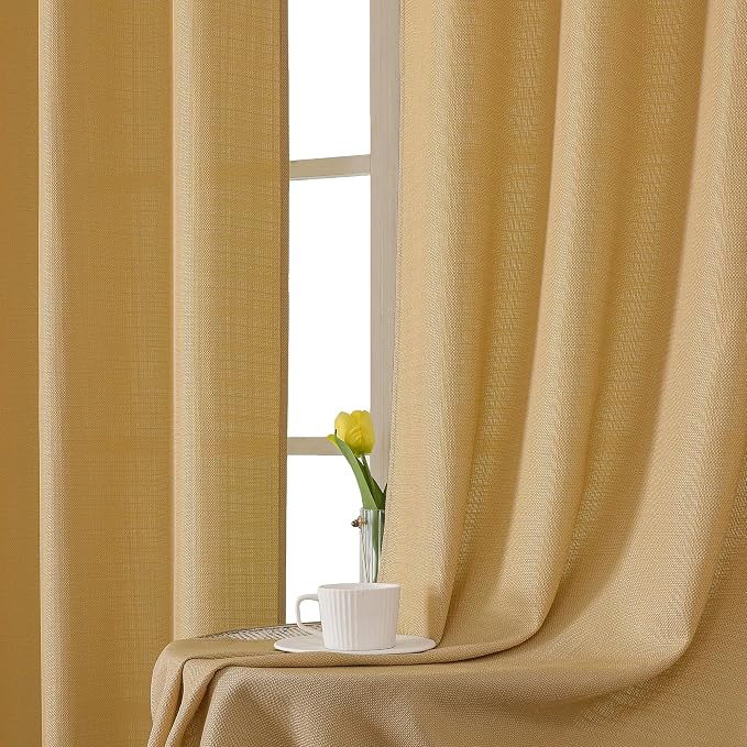 Chyhomenyc Gold Curtains 45 Inch Length 2 Panels, Faux Linen Textured Semi - Image 7