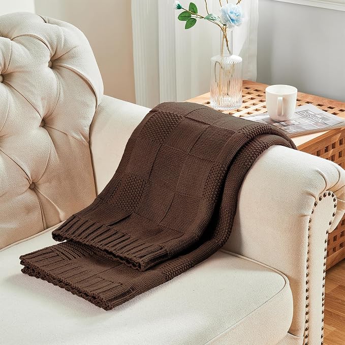 CozeCube Check Knit Throw Blanket, Dark Brown Checkered Throw - Image 6