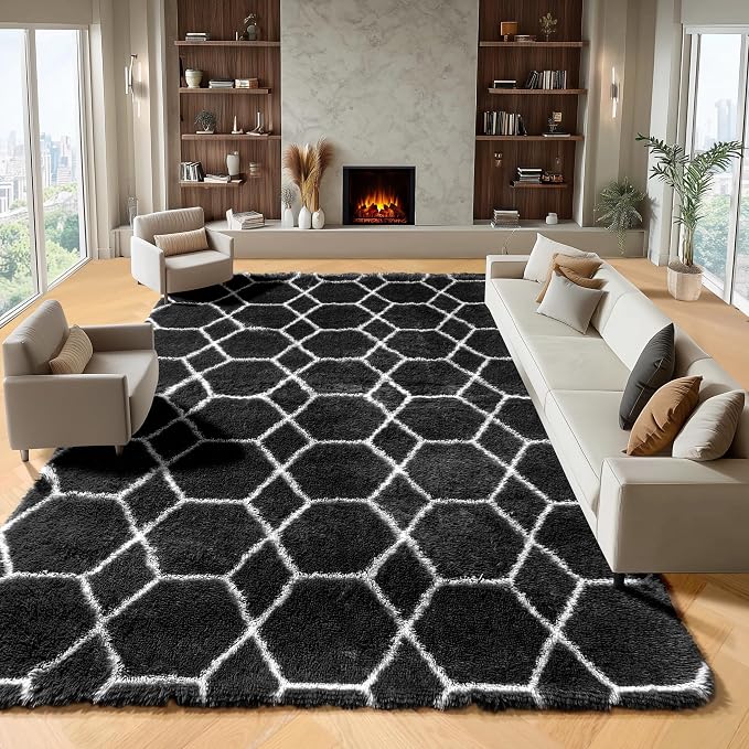 ONASAR 8x10 Area Rugs for Living Room, Fluffy Black and White Bedroom Rug by ONASAR