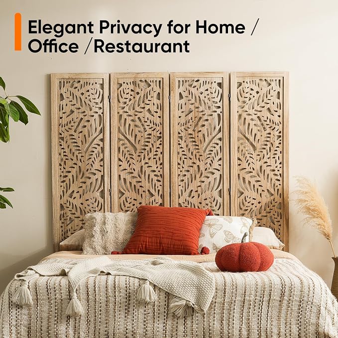 Boho Room Divider with Leaves Carving, 4-Panel Openwork Wood Screen, Decorative - Image 9
