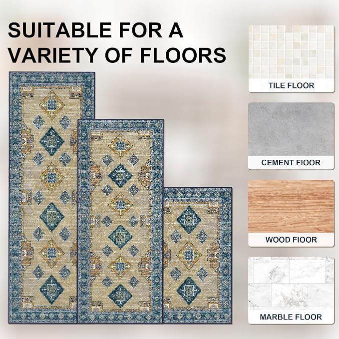 Tritard 100% Non Slip Kitchen Rugs Sets of 3 Washable Boho Kitchen Mats - Image 4