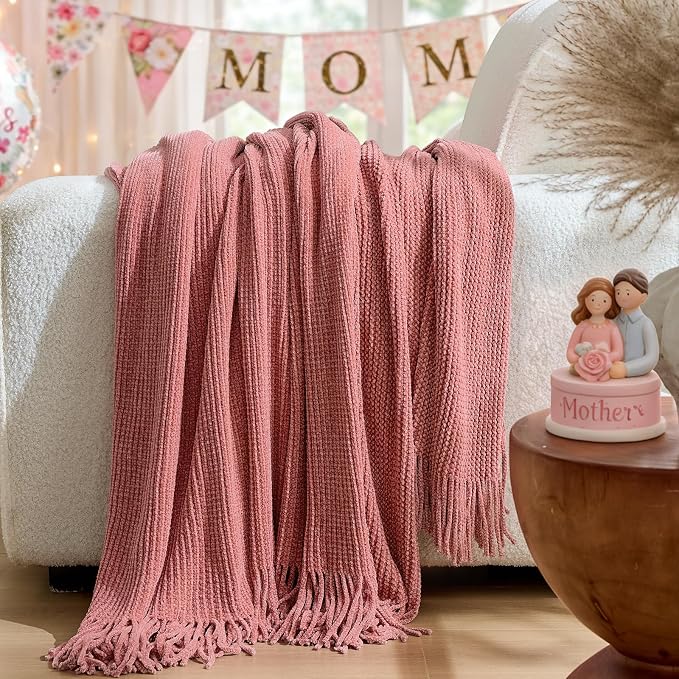 inhand Coral Pink Chunky Chenille Throw Blanket - Image 4